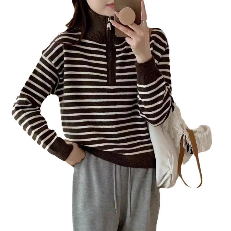 Damen Strickpullover mit kurzem Reißverschluss und modischem Streifenmuster Drune