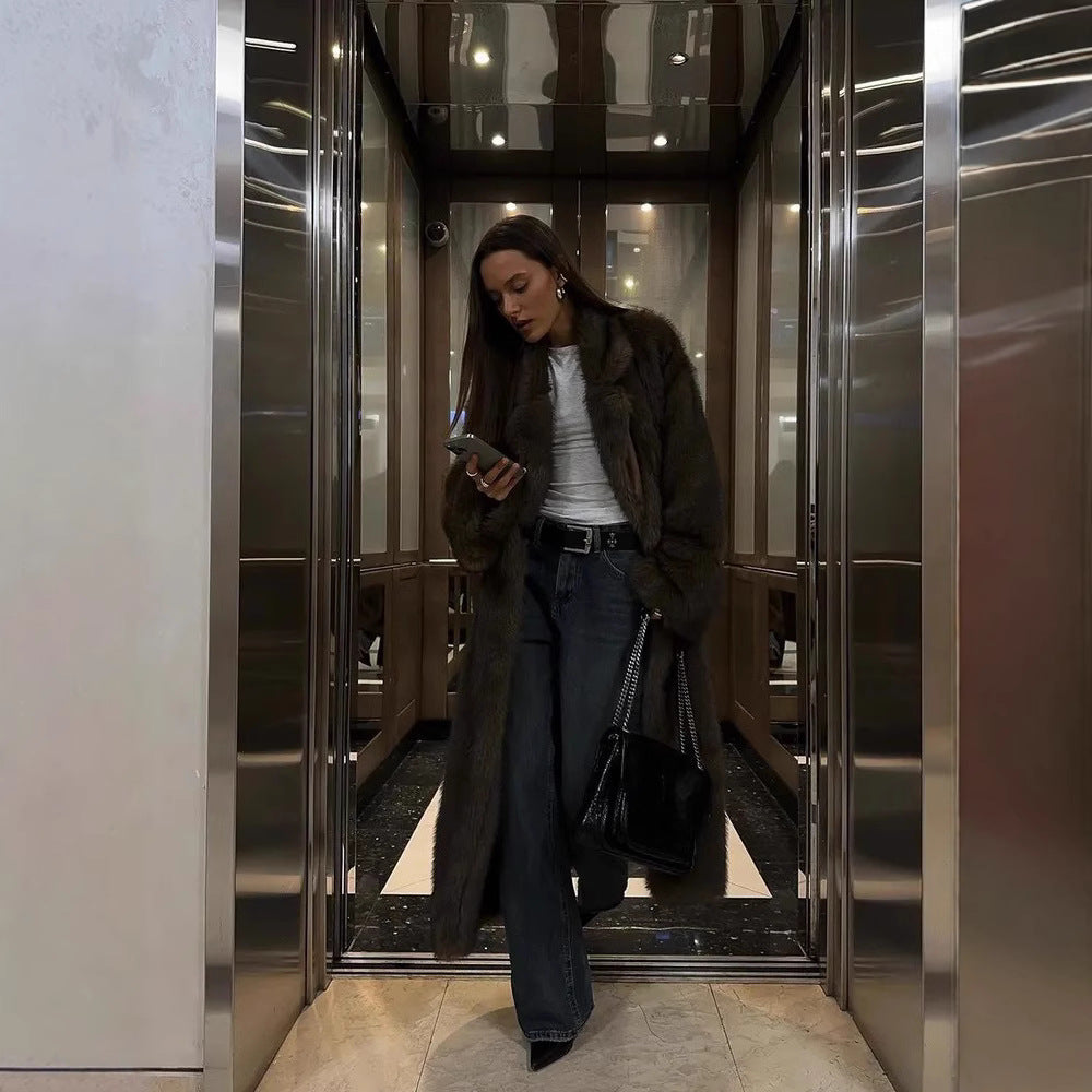 Damen Eleganter Langarm-Kunstfellmantel Drune