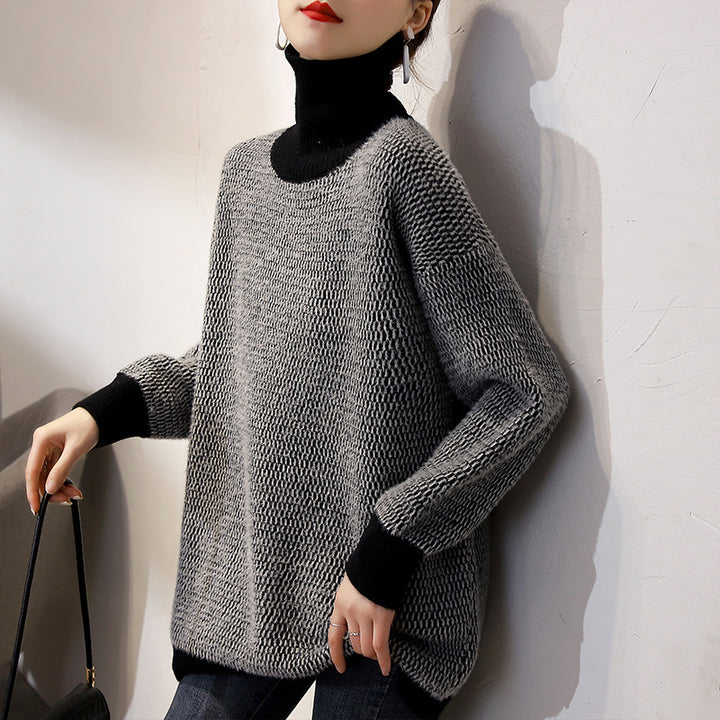 Damen Grobstrickpullover mit hohem Kragen und modernem Muster Drune