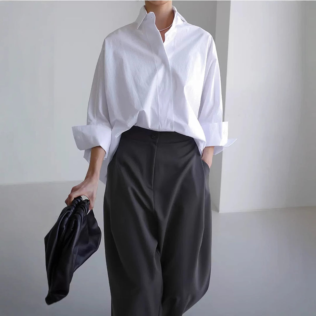 Damen modische Oversized-Bluse aus hochwertiger Baumwolle mit lässigem Schnitt und Stehkragen Drune