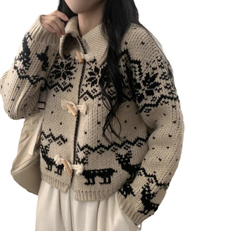 Damen Strickjacke mit kreativem Tiermotiv und hochwertigen Holzknöpfen Drune