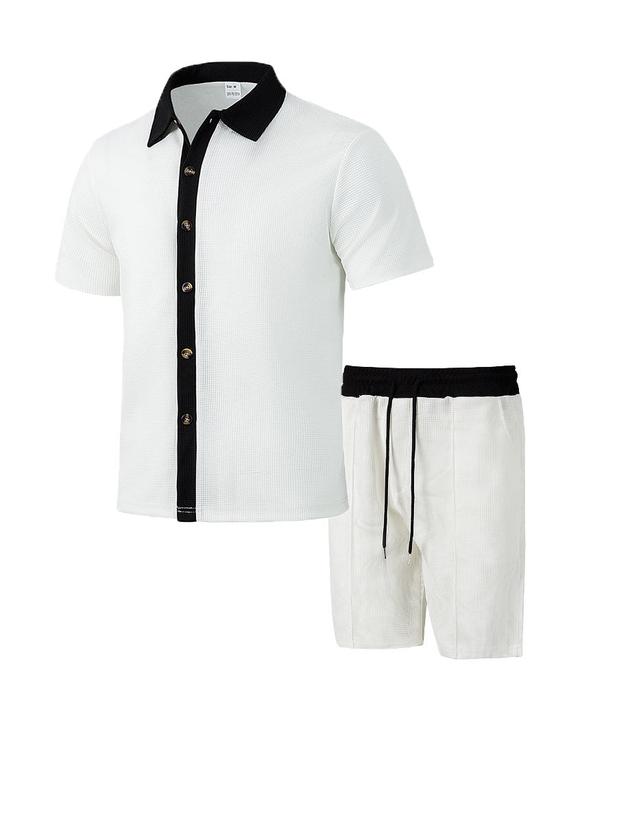 Herren nan modernes Freizeit-Set aus feinem Strukturjersey mit Hemdkragen-Knopfleiste und Kordel-Shorts Drune