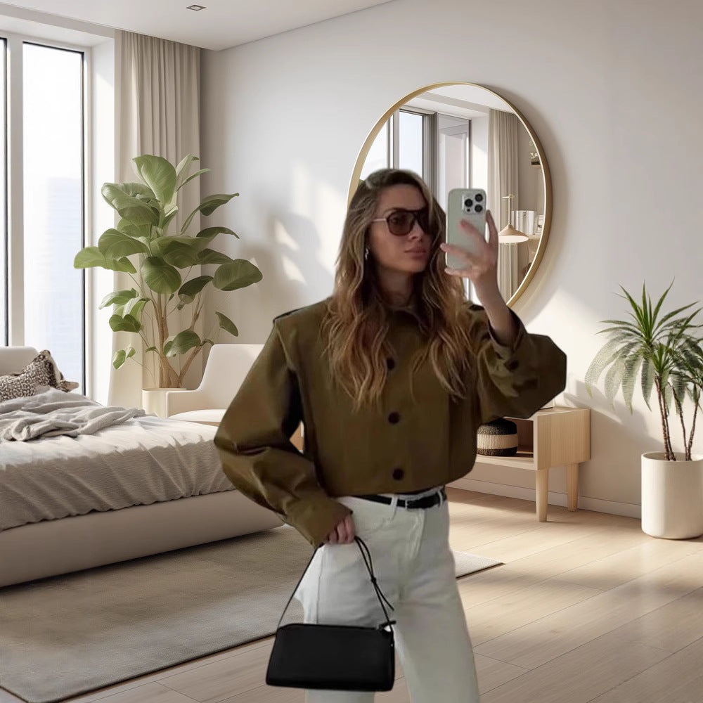 Damen Modische Oversized-Jacke mit strukturierten Ärmeln und Knopfdetail Drune