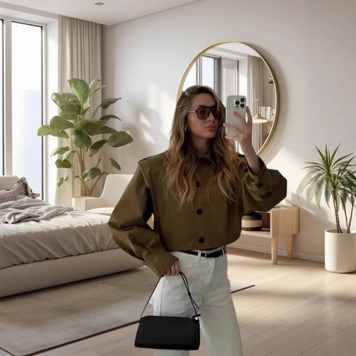 Damen Modische Oversized-Jacke mit strukturierten Ärmeln und Knopfdetail Drune
