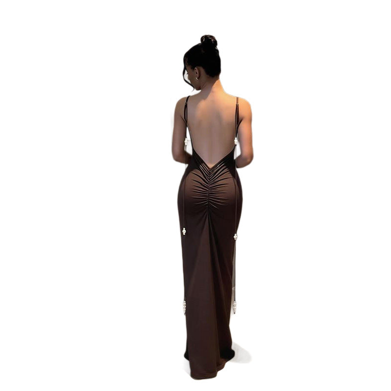 Damen Körperbetontes Maxikleid mit tiefem Rückenausschnitt und Rüschendetails Drune