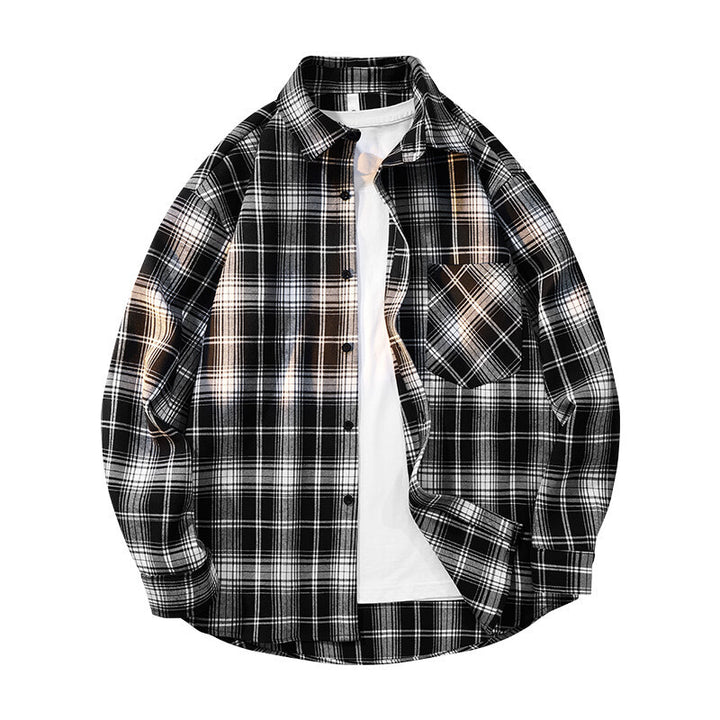 Herren nan kariertes Oversized Flanellhemd mit aufgesetzter Brusttasche, Rundem Saum und durchgeknöpfter Vorderseite Drune