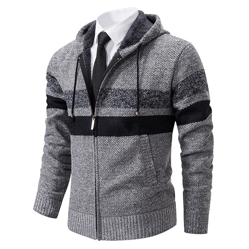 Herren nan gefütterte Kapuzen-Strickjacke mit Teddyfutter, durchgehendem Reißverschluss und kontrastierenden Streifen Drune