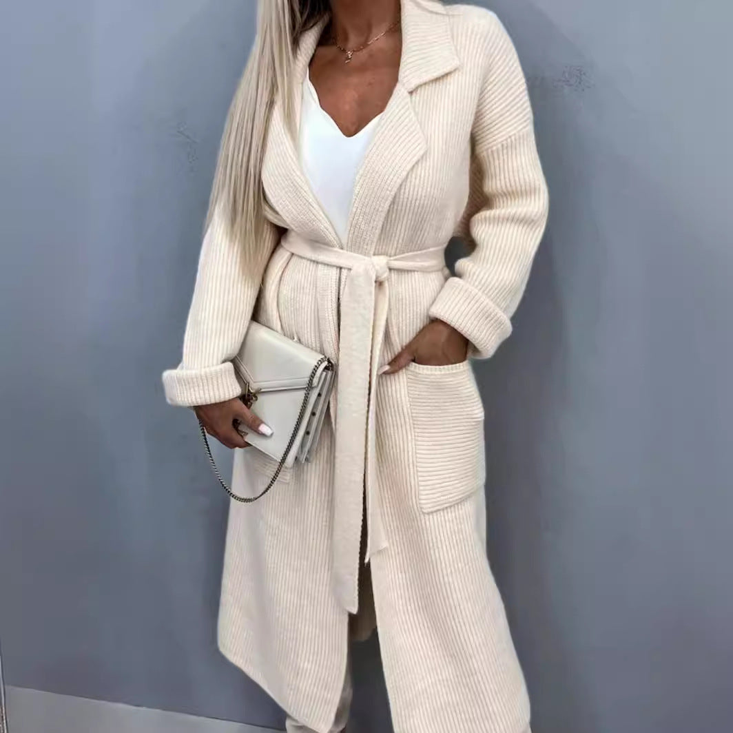 Damen Langstrickjacke mit praktischen Taschen und modischem Gürtel Drune