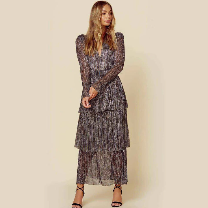 Damen Glamouröses Abendkleid mit schillernden Lagen und V-Ausschnitt Drune