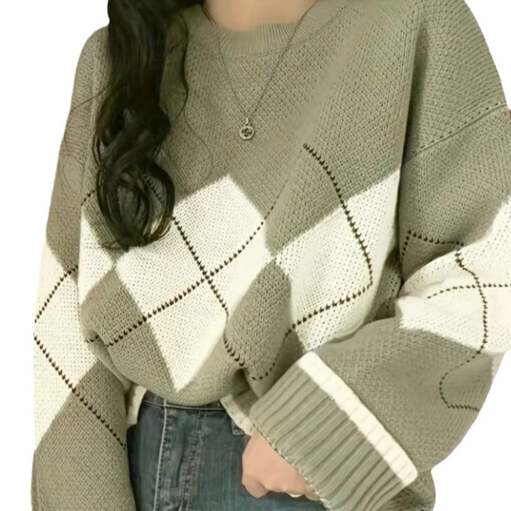 Damen Grobstrickpullover mit modernen Rautenmustern und weitem Schnitt Drune