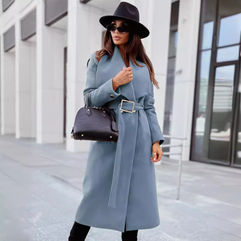 Damen eleganter Trenchcoat mit breitem Revers und taillierbarem Gürtel Drune