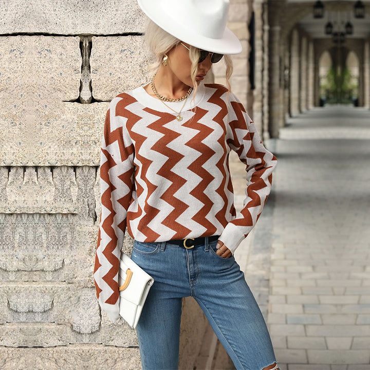 Damen lässiger Strickpullover im modernen Zickzackmuster Drune