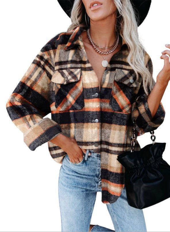 Damen Karierter Overshirt mit Knöpfen und Brusttaschen Drune