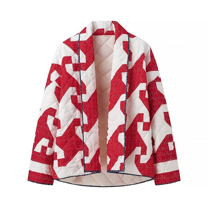 Damen gesteppte Jacke mit modernem Geometrie-Muster und offenem Schnitt Drune