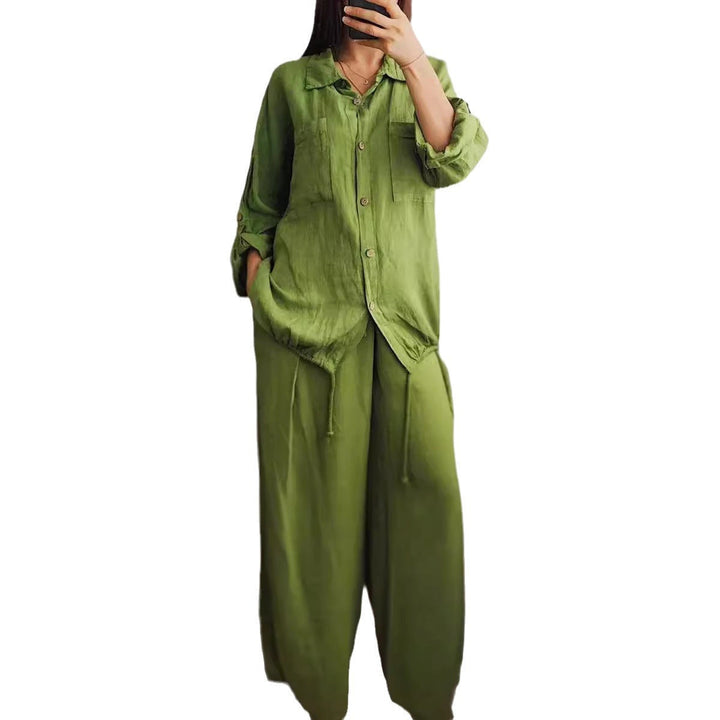 Damen Leinen-Set mit weiten Hosen undlässiger Bluse Drune