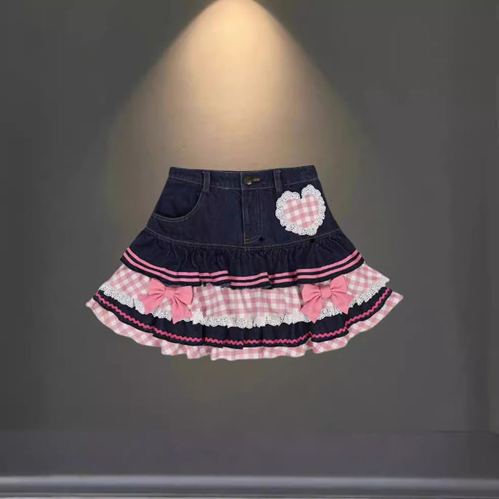 Damen Modische Mini-Jeansrock mit Rüschen und herzförmiger Applikation Drune