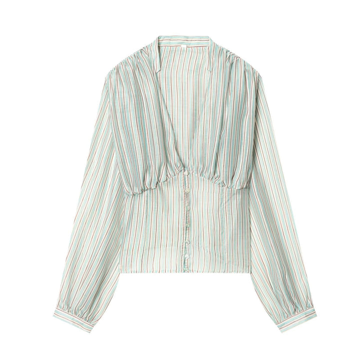 Damenbluse mit tiefem V-Ausschnitt und eleganten Rüschendetails Drune