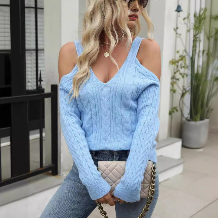 Damen Offene Schulter Strickpullover Drune