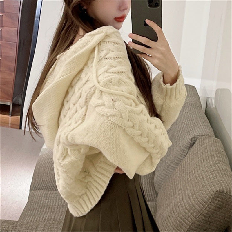 Damen Grobstrick-Poncho mit Kapuze und zeitgemäßem Design Drune