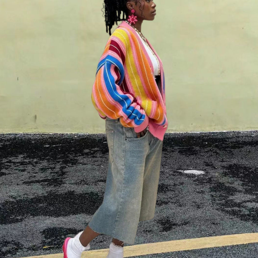 Damen Lässiger Strickcardigan mit buntem Streifenmuster und überschnittenen Ärmeln Drune