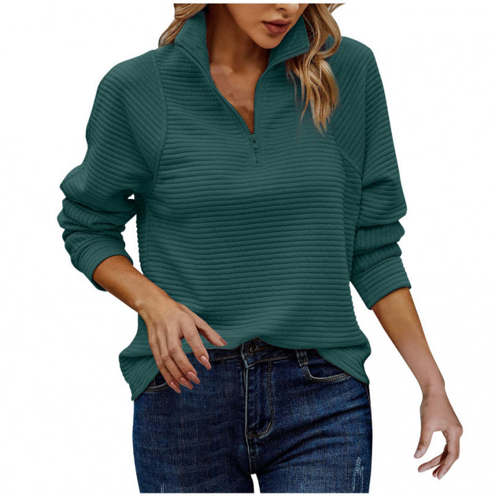 Damen kuscheliger Stepp-Pullover mit hohem Kragen und halbem Reißverschluss Drune