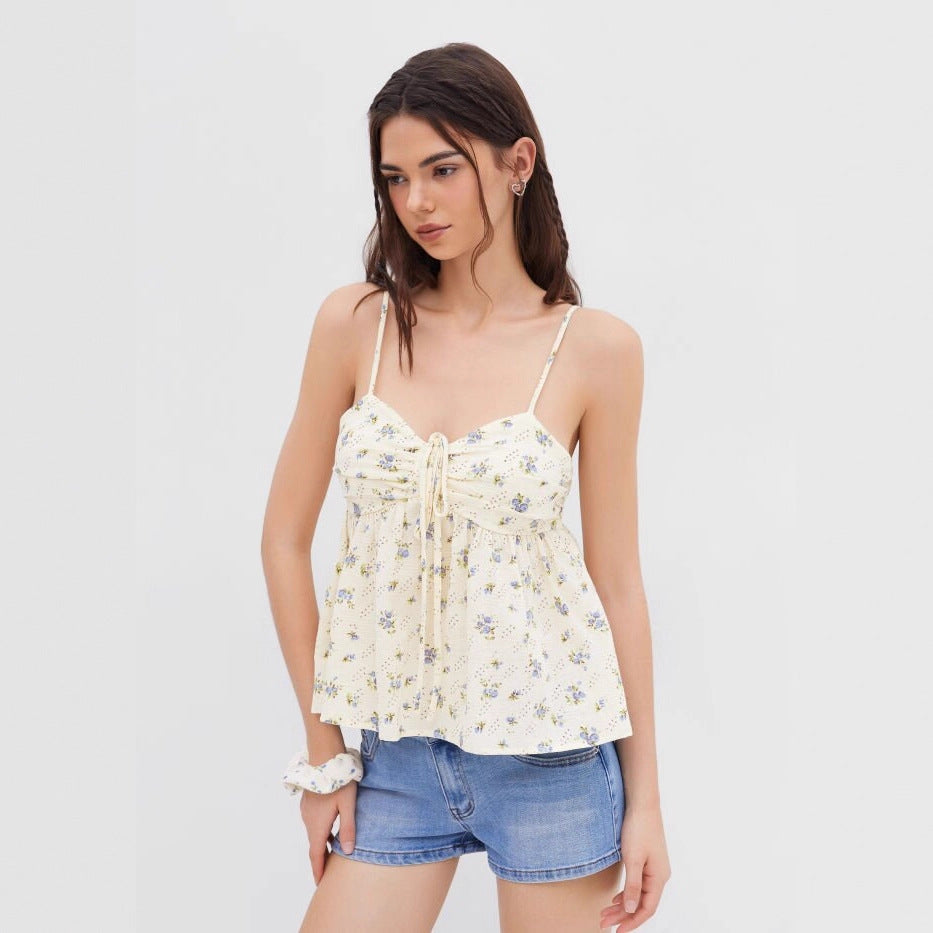 Damen blumiges Sommeroberteil mit dekorativem Kordelzug Drune