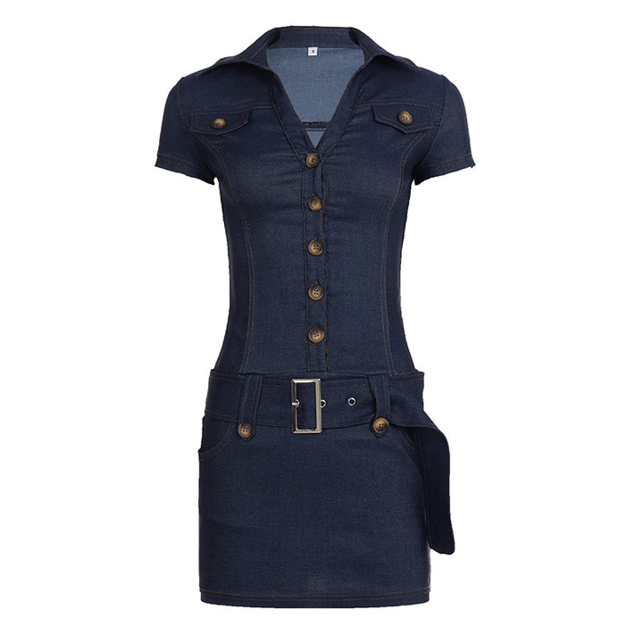 Damen Jeanshemdkleid mit Gürtel und knöpfbarem Ausschnitt Drune