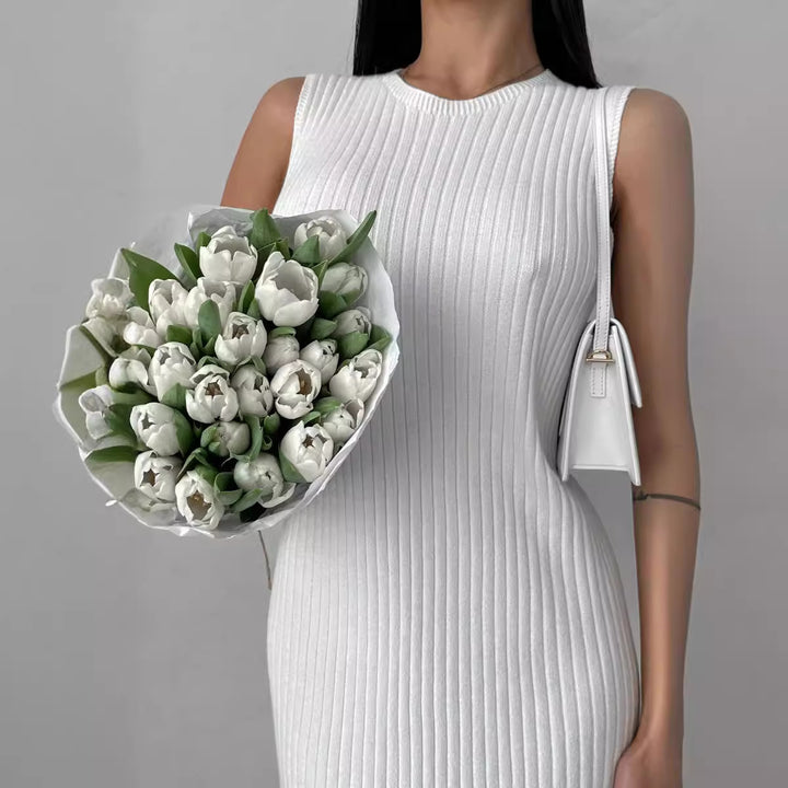 Damen elegantes, figurbetontes Strickkleid mit hohem Kragen und Rippstruktur Drune