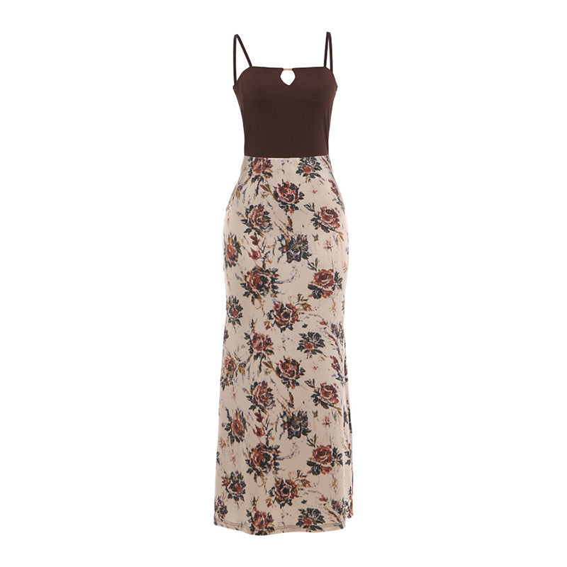 Damen Maxi-Kleid mit modischem Blumenmuster und schmalen Spaghettiträgern Drune