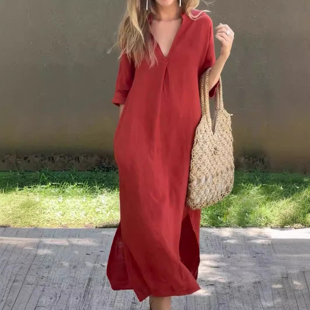 Damen Langes Leinenkleid mit V-Ausschnitt und seitlichen Schlitzen Drune