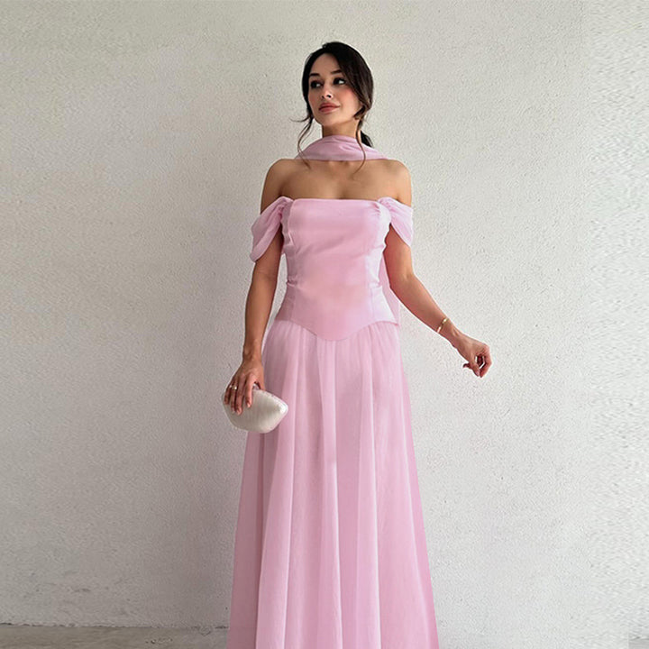 Damen Abendkleid mit schulterfreiem Design und eleganten Rüschen akzenten Drune