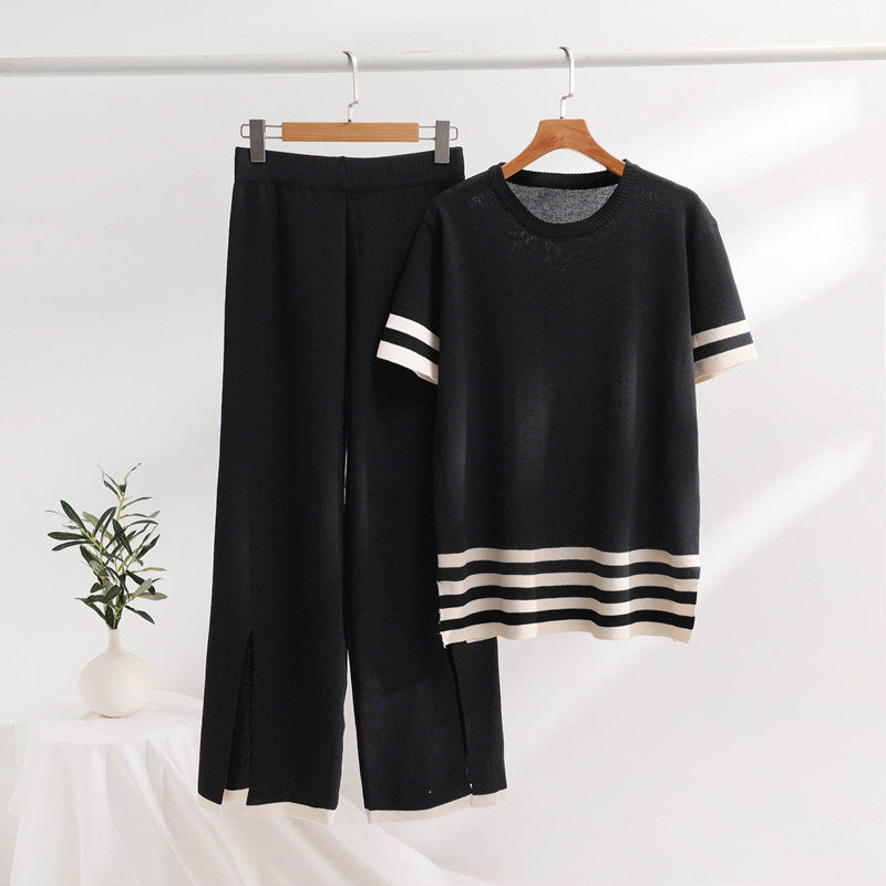 Damen stylisches Strick-Loungewear-Set mit breiten Streifen und seitlichen Schlitzen Drune