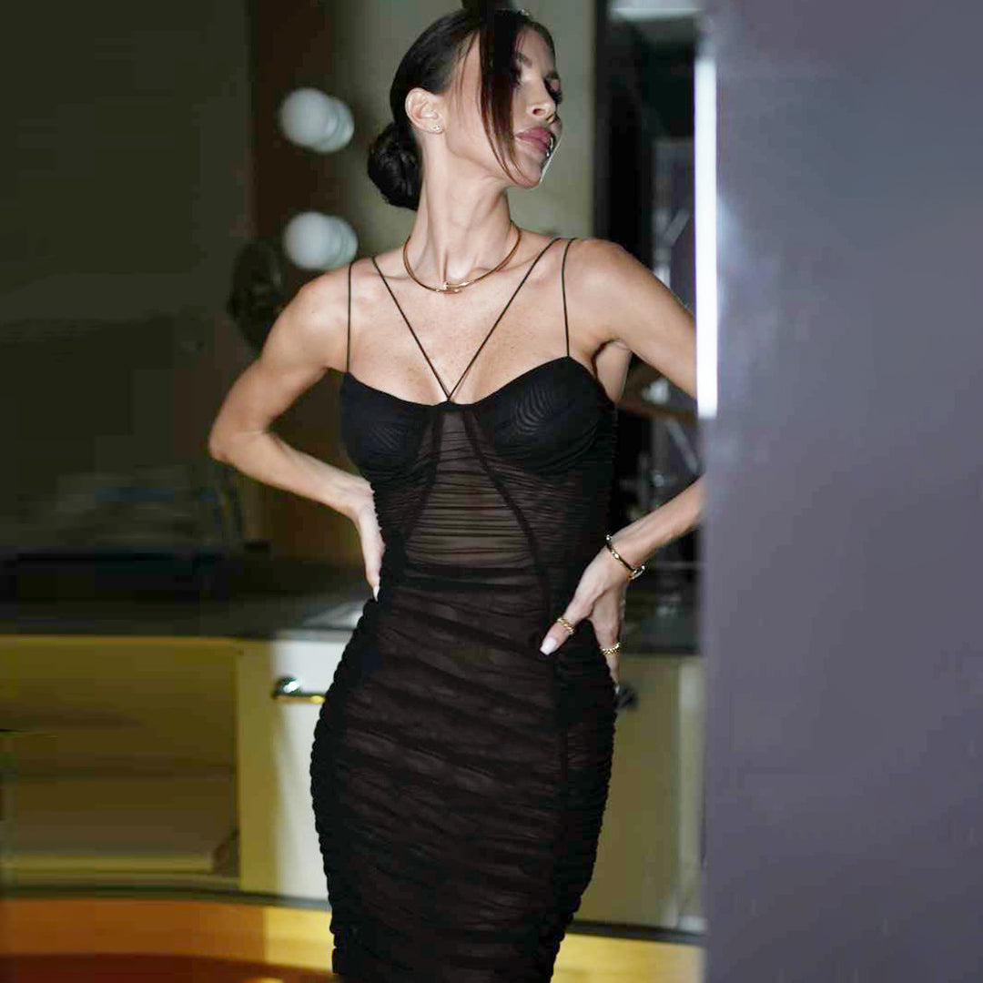 Damen Figurbetontes Maxikleid mit raffinierten Rüschen und Spaghettiträgern Drune