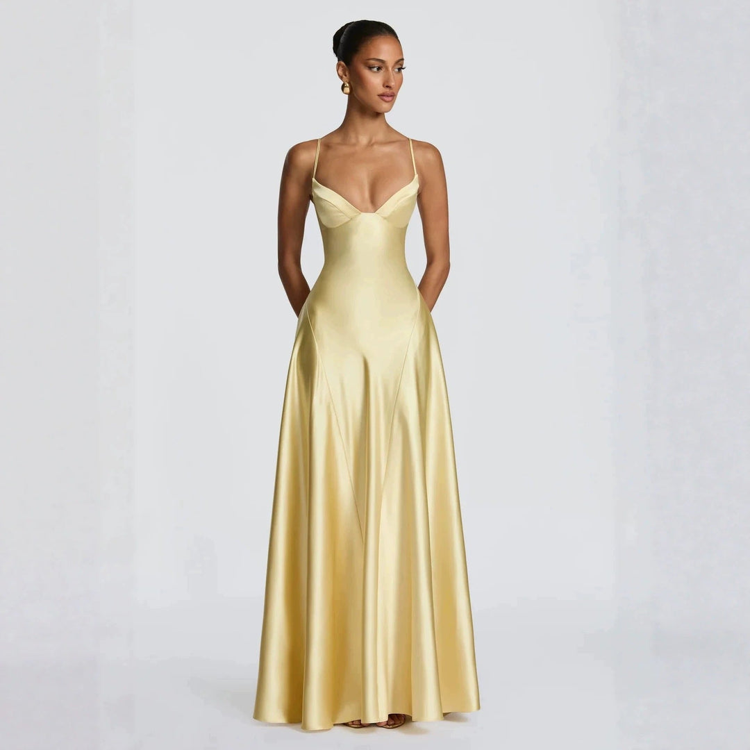 Damen elegantes Satin-Maxikleid mit raffinierten Spaghettiträgern Drune