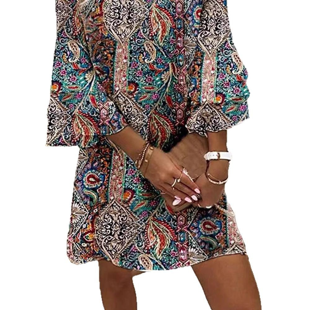 Damen nan Boho-Paisley-Tunikakleid mit V-Ausschnitt und dreiviertel Glockenärmeln Drune