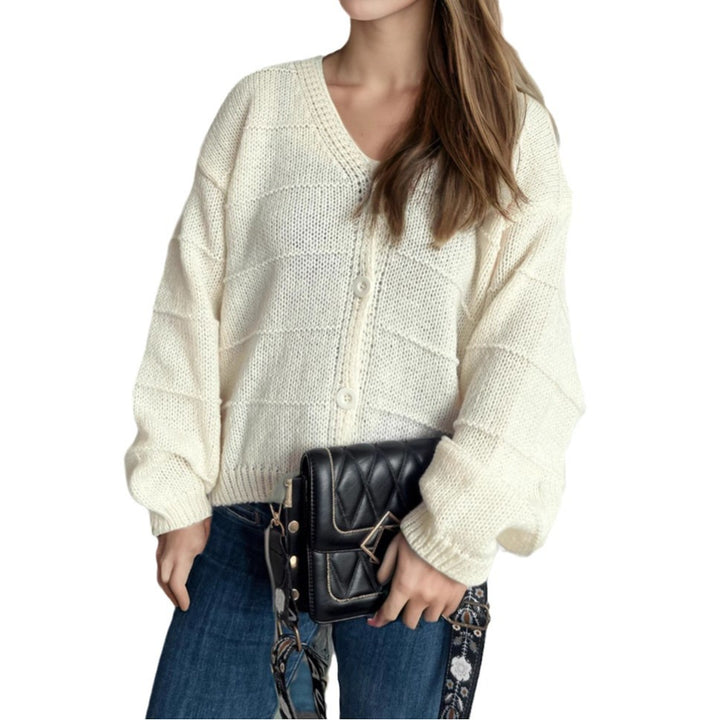 Damen lässige Strickjacke mit tiefem V-Ausschnitt und eleganten Knopfdetails Drune