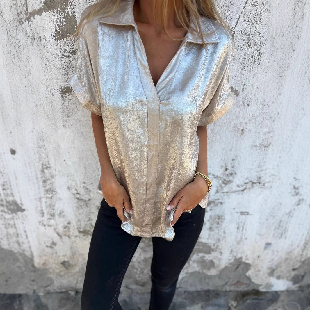 Damen Kurzarm-Seidenbluse mit elegantem Glanz und modischem Revers Drune