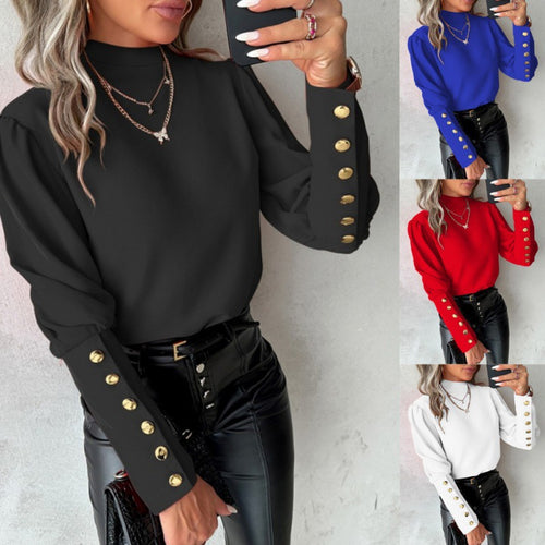 Damen elegante Bluse mit Puffärmeln und goldenen Knopfdetails Drune