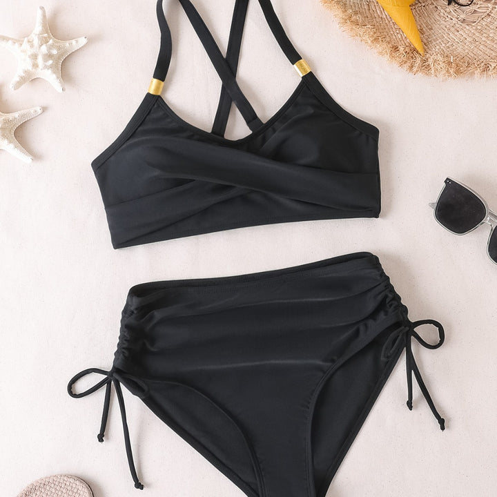 Damen Hochtailliertes Bikini-Set mit elegantem Wickeldesign und verstellbaren Trägern Drune