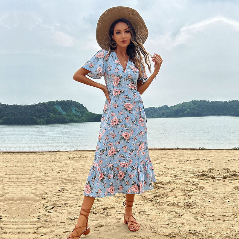 Damen romantisches Maxikleid mit floralem Design und Rüschensaum Drune