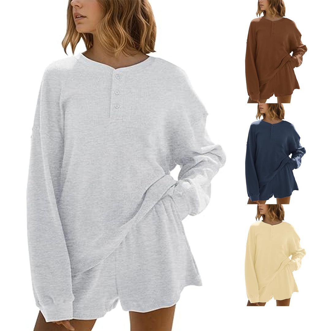 Damen lässiger Langarm-Hemdchen Pullover mit Knopfdetails Drune