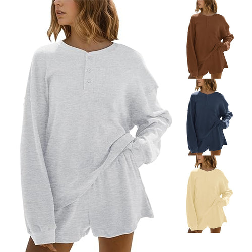 Damen lässiger Langarm-Hemdchen Pullover mit Knopfdetails Drune