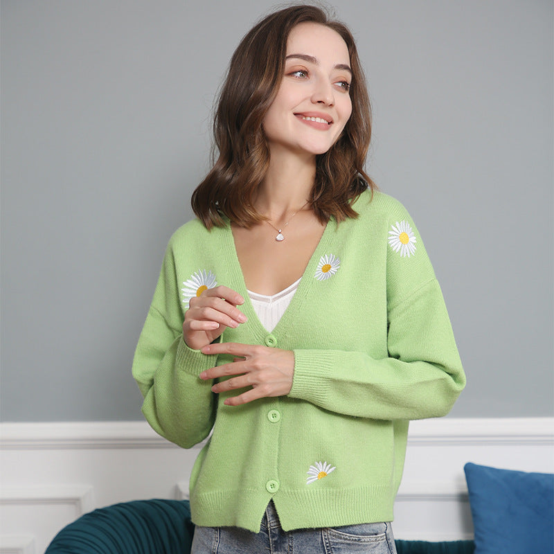 Damen Strickjacke mit floralem Muster und V-Ausschnitt Drune