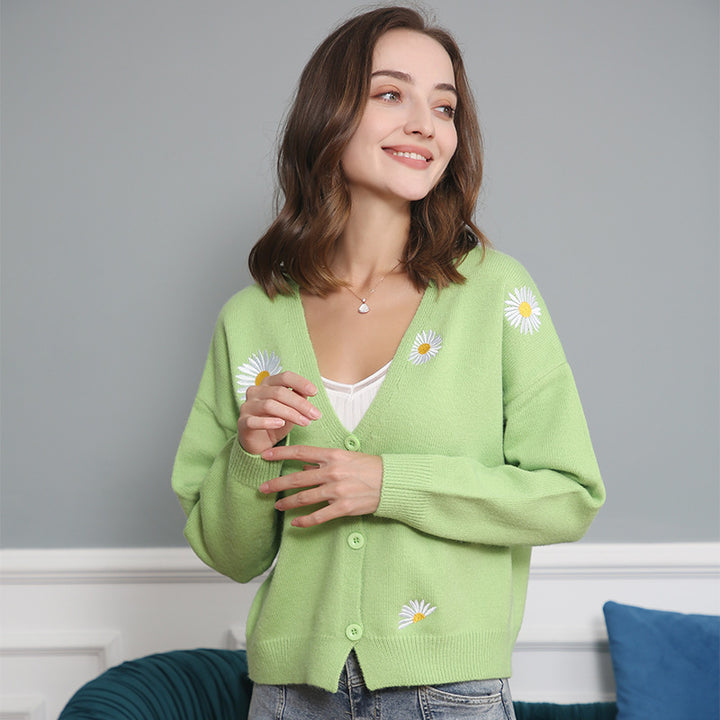 Damen Strickjacke mit floralem Muster und V-Ausschnitt Drune