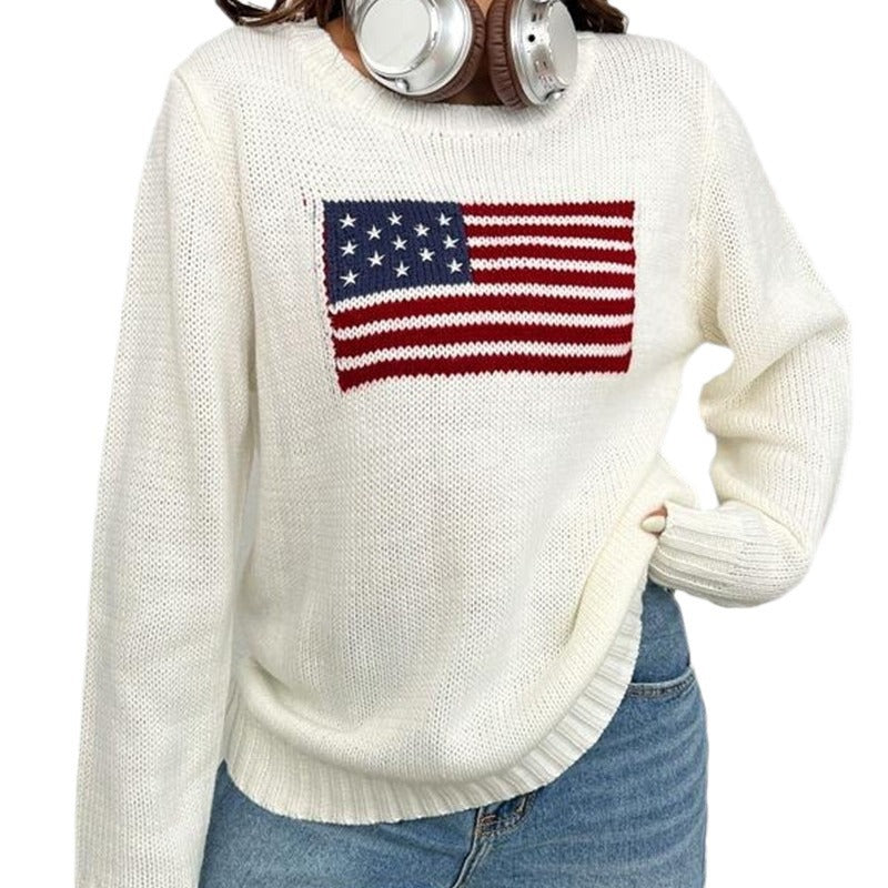 Damen lässiger Crop-Pullover mit Flaggenmuster und strukturiertem Strick Drune