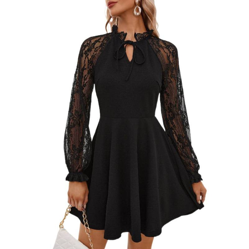 Damen Kleid mit Spitzenärmeln und Taillenschnitt Drune