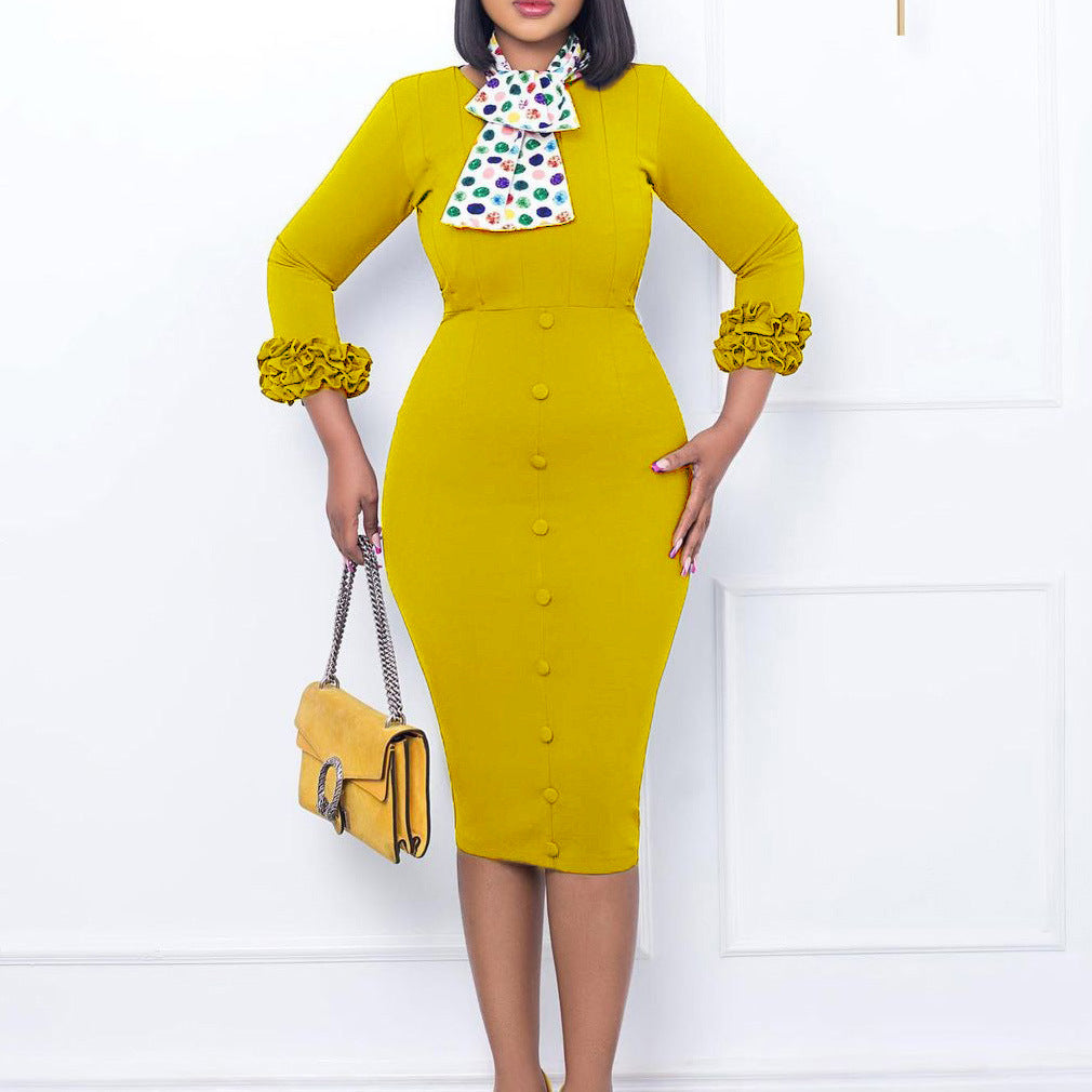 Damen Elegantes und figurbetontes Midi-Kleid mit Rüschenärmeln und stylischem Schal Drune