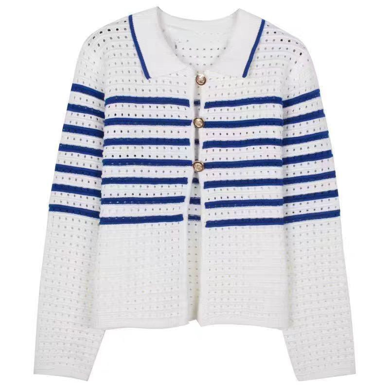 Damen modische Strickjacke mit dekorativen Knöpfen und Streifenmuster Drune