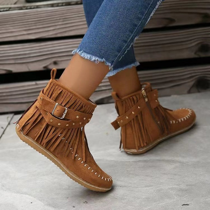 Damen nan fransige Mokassin-Ankleboots mit seitlichem Reißverschluss, dekorativer Schnalle und goldfarbenen Nieten Drune