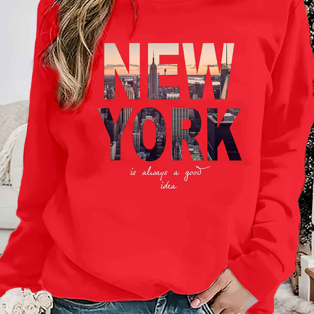 Damen Sweatshirt mit kreativem New York Skyline Druck und gemütlichem Schnitt Drune
